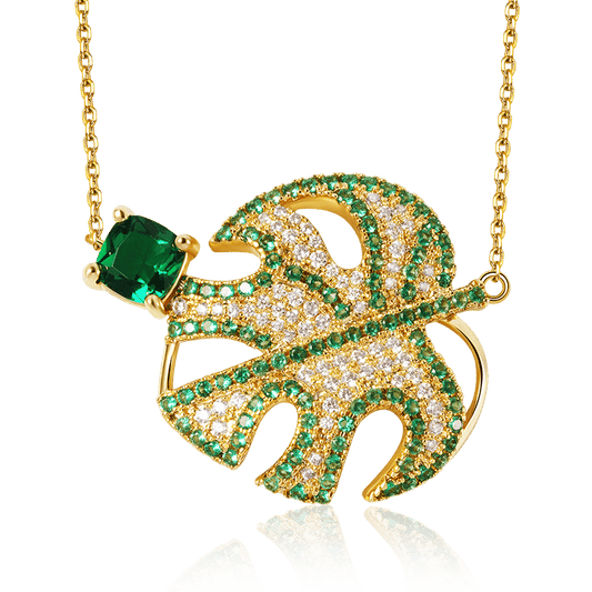 Shiny Philodendron Split Leaf with Princess-Cut Gemstone Necklace Copper 18K Gold Plated_1