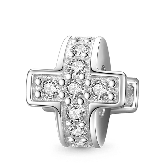 Sparkling Cross Stopper for Charm Bracelets 925 Sterling Silver Inlaid with Clear Gemstones_1