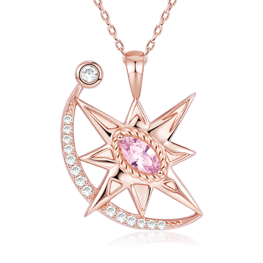 Star with Moon Necklace Copper 18K Rose Gold Plated Inlaid with Pink & Clear Gemstones_1