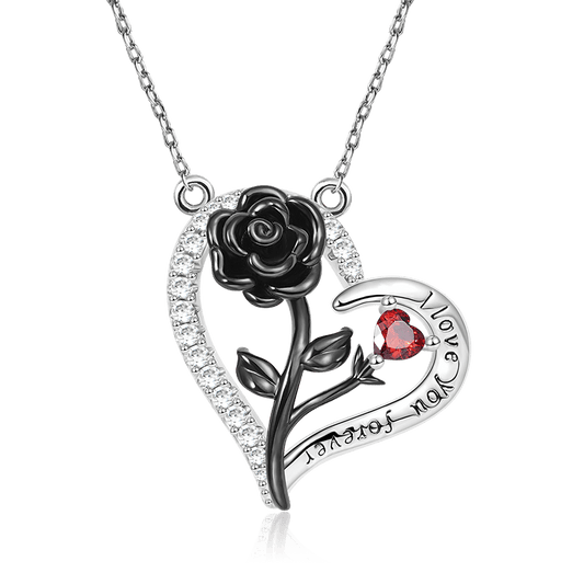Black Rose Heart Necklace 925 Sterling Silver with "I Love You Forever" Engravings and Clear Gemstones_1