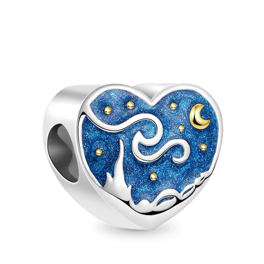 Starry Night Heart Charm Bead 925 Sterling Silver 18K Gold Plated with Enamels Double-sided Pattern_1