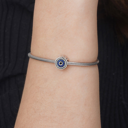 Sparkle Devil's Eye Charm Bead 925 Sterling Silver Inlaid with Clear & Blue CZ Stones_3
