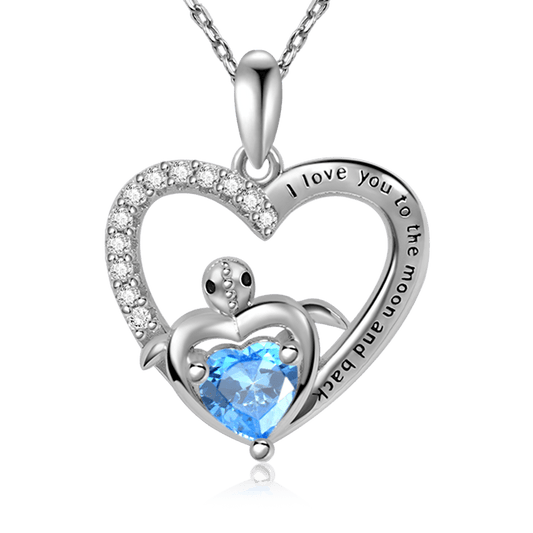 "I Love you to the moon and back" Heart-shaped Turtle Necklace Inlaid with Blue Heart CZ Stone and Crystal Gemstones_1