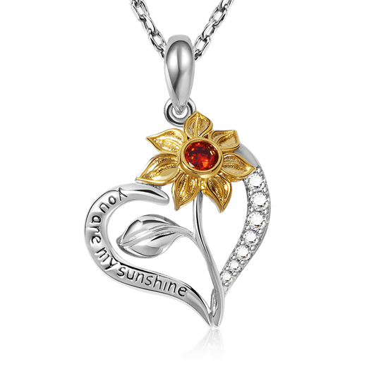Sunflower "You Are My Sunshine" Heart Necklace Sterling Silver Inlaid with Ruby and Crystal Gems_1