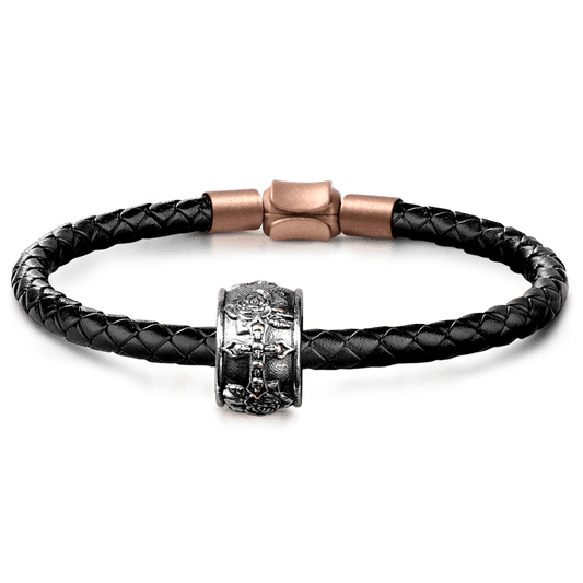 Skull Cross & Rose Men's Vintage Bead S925 Sterling Silver with Gift Copper Black Leather Men's Bracelet Jewelry for Men_1