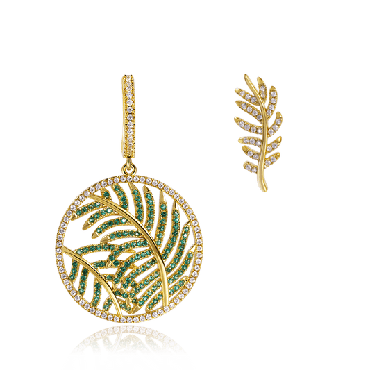Leaves Dangle Stud Earrings Set 925 Sterling Silver 18K Gold Plated Inlaid with Green & Clear CZ Stones_1