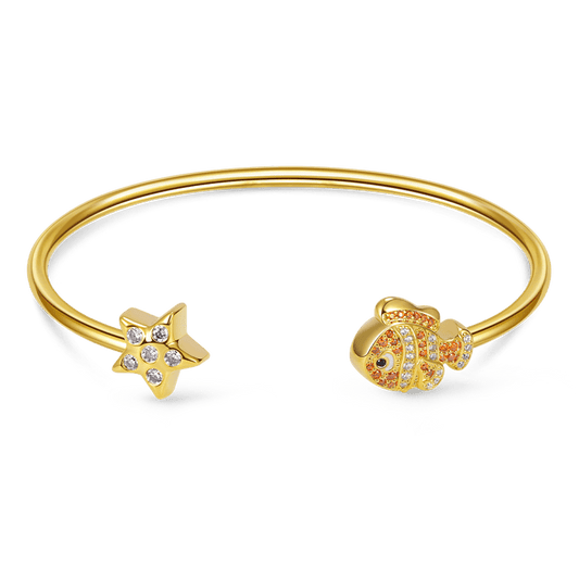 Fish & Starfish Open Bangle Bracelet 18K Gold Plated Inlaid with Clear and Orange CZ Stones_1
