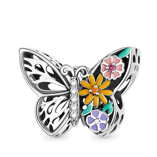 "Butterfly Loves Flowers" Charm Bead 925 Sterling Silver with Colorful Enamels_1