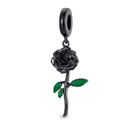 Black Rose Flower Pendant Dangle Charm 925 Sterling Silver with Enamels_1