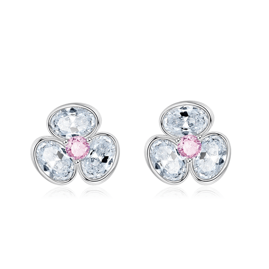 Three-petal Flower Stud Earrings 925 Sterling Silver Inlaid with Clear CZ Stones_1