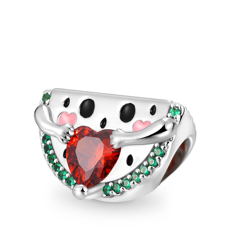 Watermelon Embraces Heart Gemstone Charm Bead 925 Sterling Silver_1