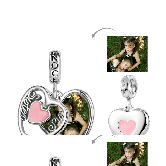 Gnoce "Sister & Sis" Heart Personalized Photo Pendant Dangle Charm_1