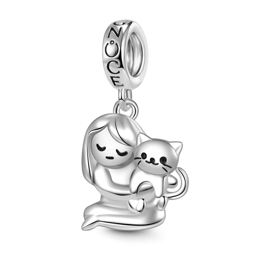 Gnoce "Best Friend" A Lovely Girl Embraces A Cat Pendant Dangle Charm_1