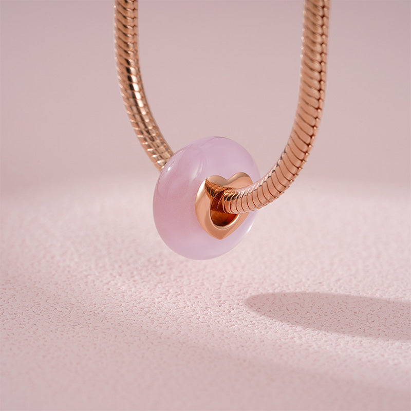 Natural Rose Quartz Charm Bead 925 Sterling Silver 18K Rose Gold Heart Hole_3
