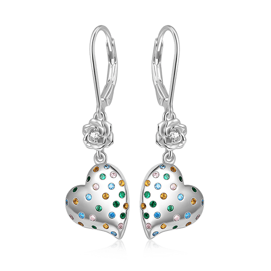 Gnoce Rose Flower Heart Dangle Leverback Earrings_1