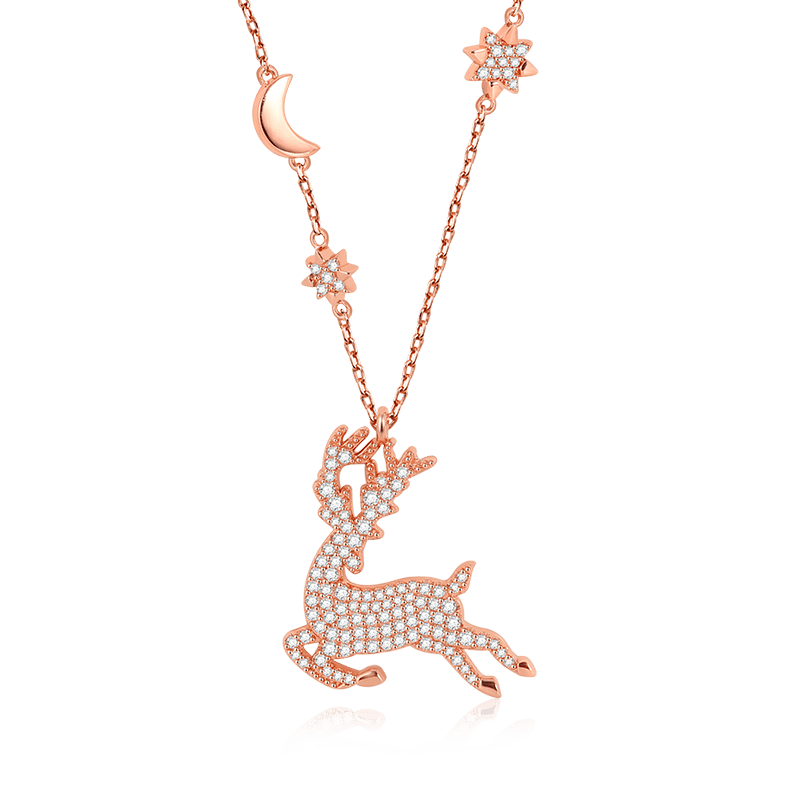 Elk Necklace Sterling Silver 18k Rose Gold Plated Paved with Stones_1