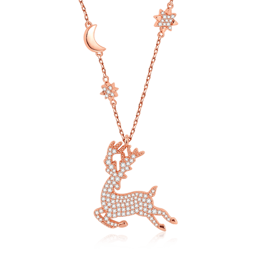 Elk Necklace Sterling Silver 18k Rose Gold Plated Paved with Stones_1
