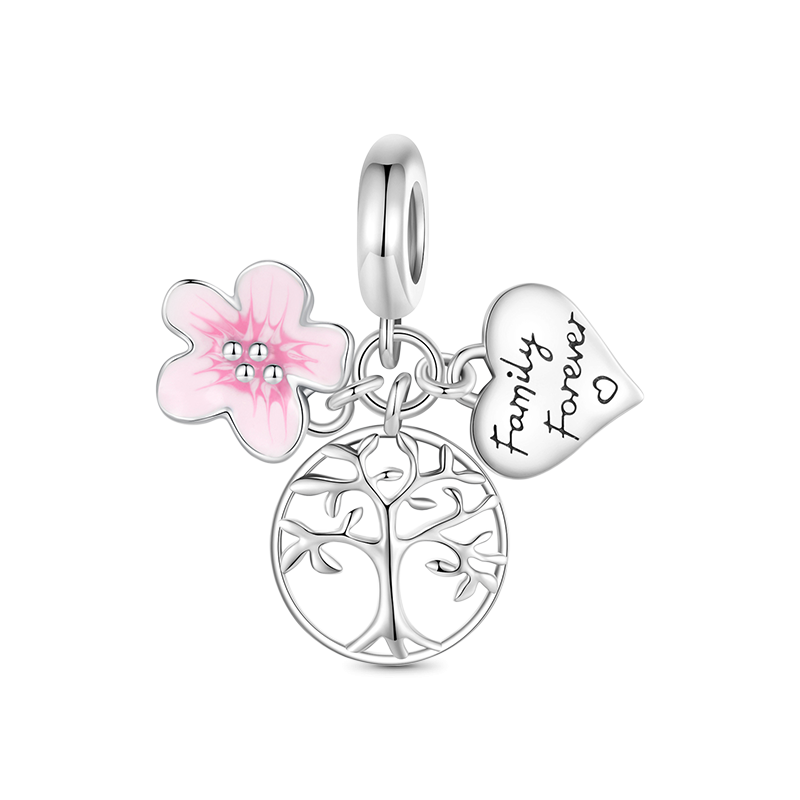 Gnoce Pink Flower Tree of Life Heart Triple Pendant Dangle Charm_1