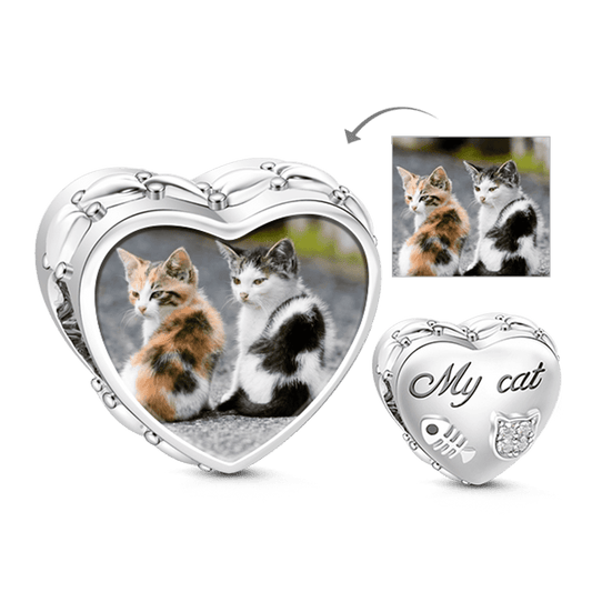 Gnoce 'When Cat Fall in Love with Fish' Made of 925 Sterling Silver Heart Cute Animal Cat Shape Photo Charm_1