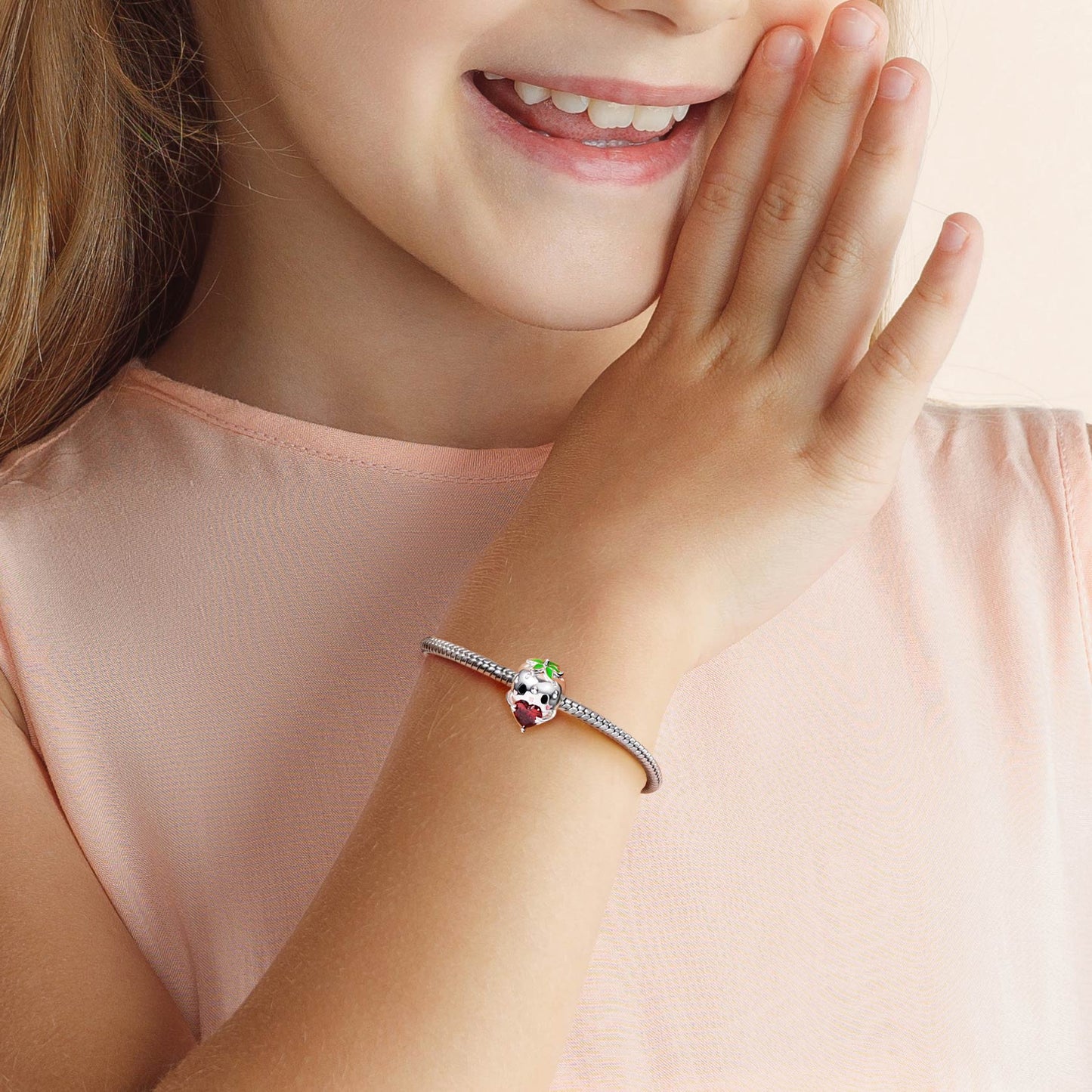 Cute Strawberry Embraces Heart Gemstone Charm Bead Sterling Silver_3