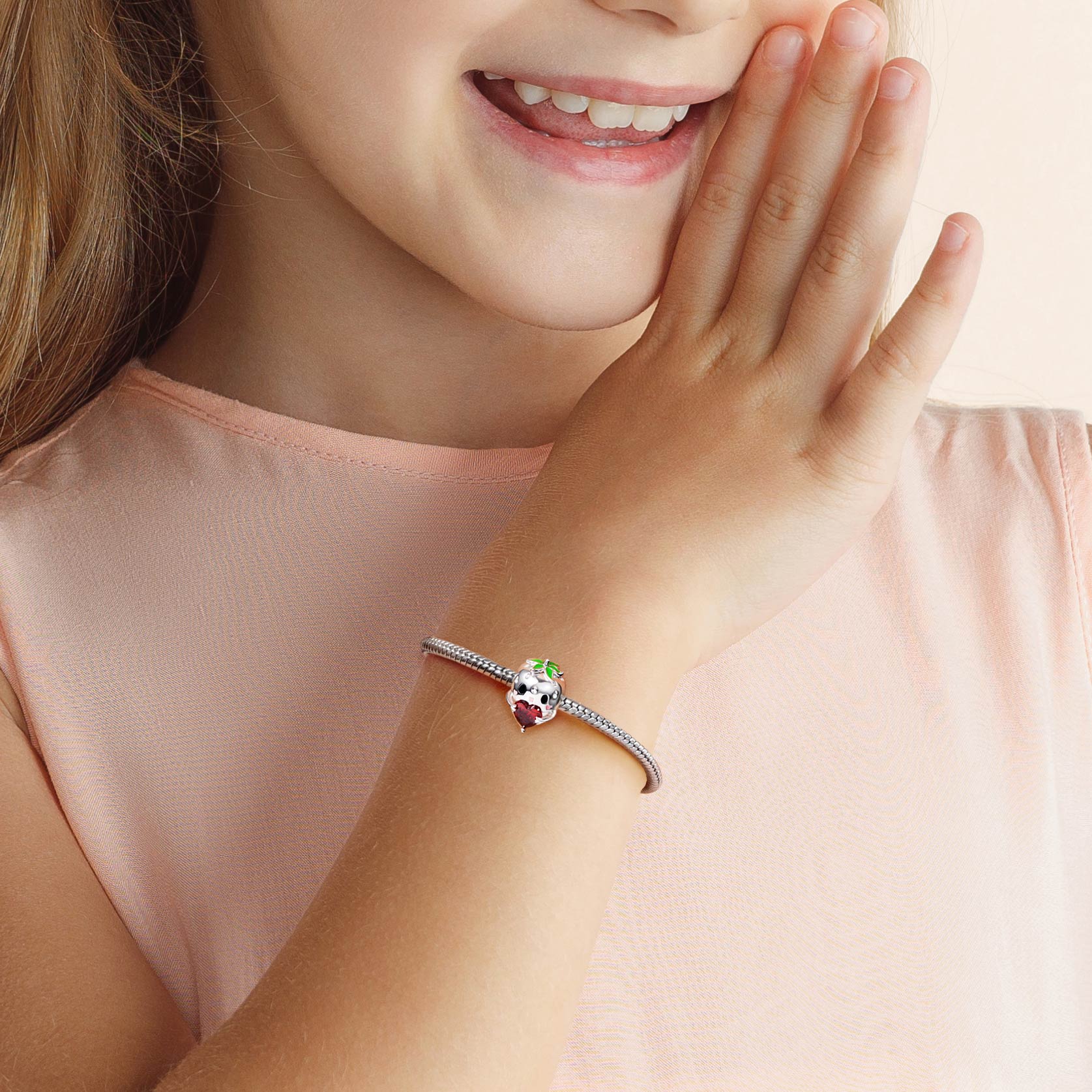 Cute Strawberry Embraces Heart Gemstone Charm Bead Sterling Silver_3