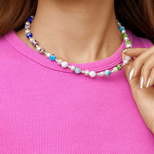 Gnoce Multi Color Beaded & Pearls Choker Necklace_4
