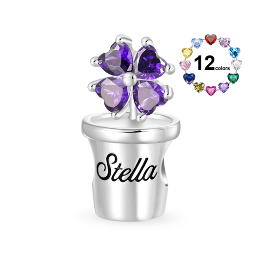 Gnoce Engravable Potted Flower Birthstone Four-leaf Clover Charm_1