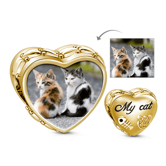 Gnoce 'When Cat Fall in Love with Fish' 18K Gold Plated Heart Cute Cat Photo Charm_1