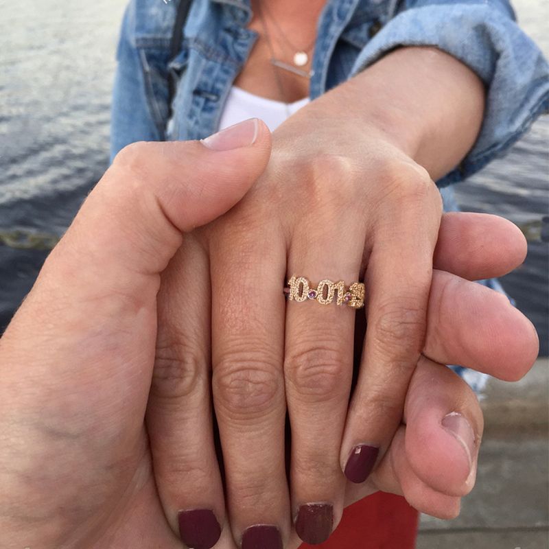 Gnoce Personalized Diamond Date Thin Ring with Birthstone_6