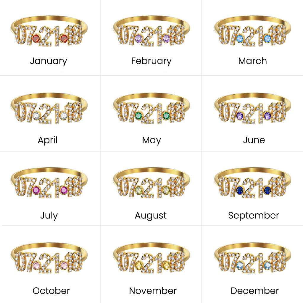 Gnoce Personalized Diamond Date Thin Ring with Birthstone_5