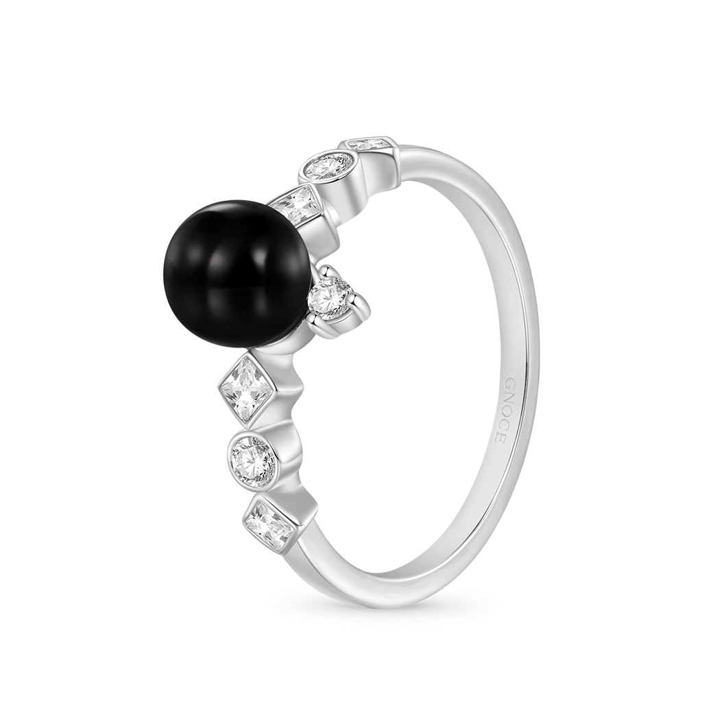 Gnoce Dark Black Pearl White Diamond Ring_2