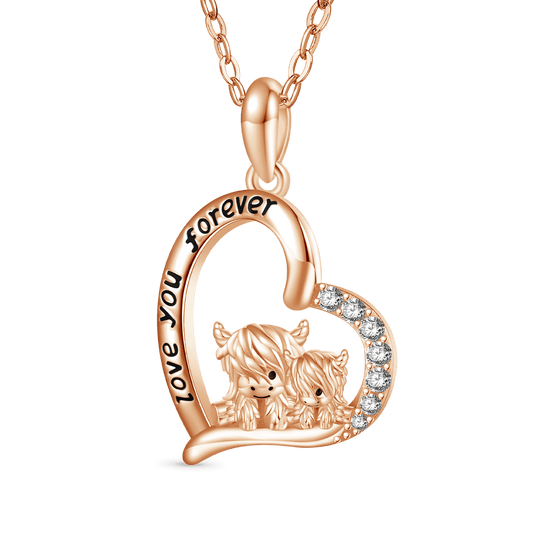 Gnoce Rose Gold "I love you forever" Highland Cow Heart Necklace_1