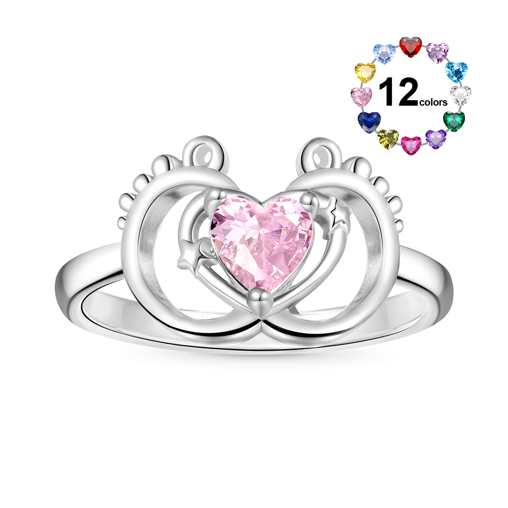 Gnoce Baby Footprint Heart Birthstone Ring_1