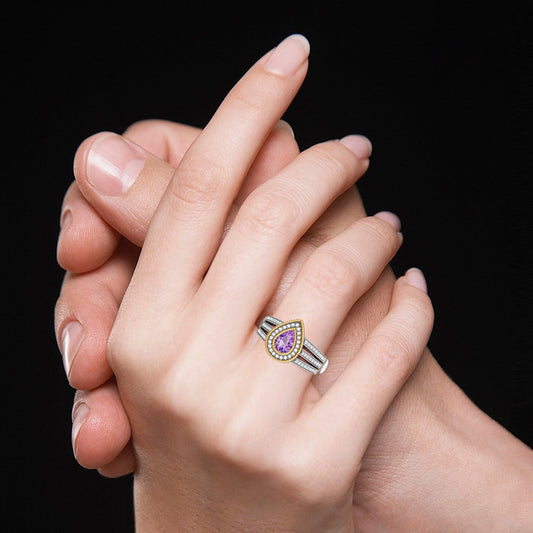 Gnoce Amethyst Double Pear Halo Split Shank Ring_7
