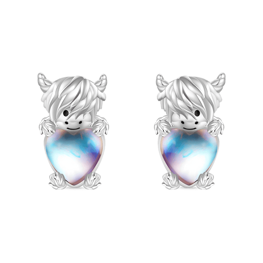 Gnoce Highland Cow Embraces Heart Moonstone Stud Earrings_1