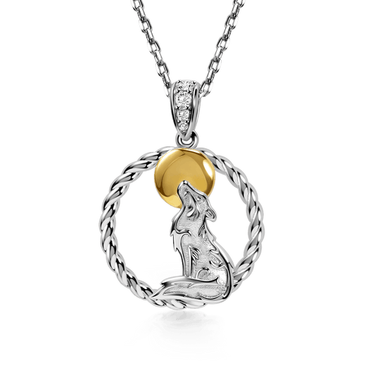 Gnoce Howling Wolf Twisted Rope Pendant Necklace Two Tone_1