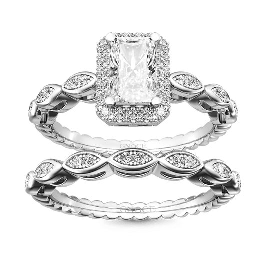 Gnoce Vintage Emerald Cut Halo Engagement Ring Set_1
