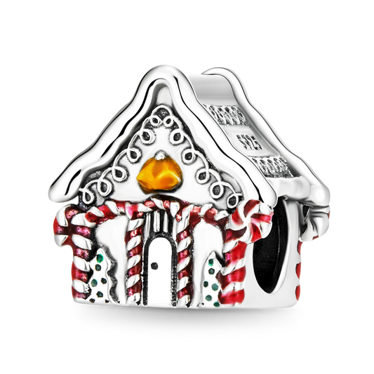 Christmas House Charm Bead 925 Sterling Silver with Candy Cane Element_1