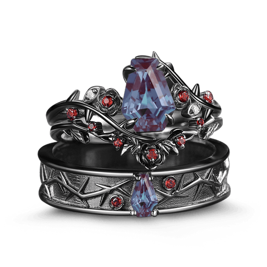 Gnoce Gothic Style Coffin Thorns & Roses Moissanite Ring Set_1