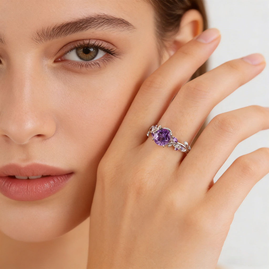 Gnoce Nature Themed Round-cut Amethyst Promise Ring_3