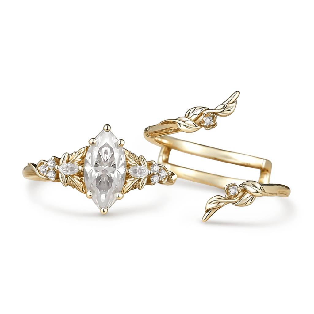 Gnoce Nature-Inspired Leaf & Vine Marquise-cut Engagement Ring Set_4