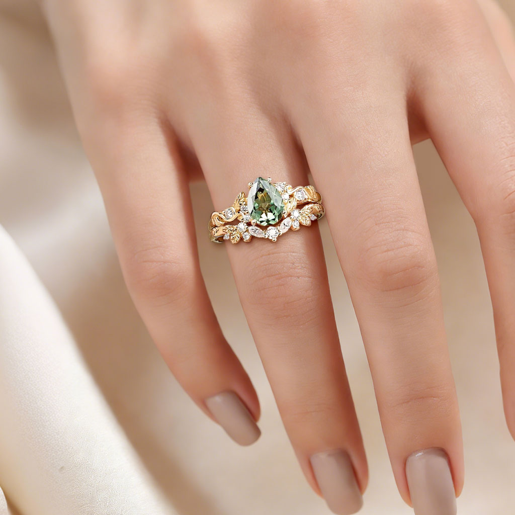 Gnoce Nature's Embrace Pear-cut Leaf Ring Set_2