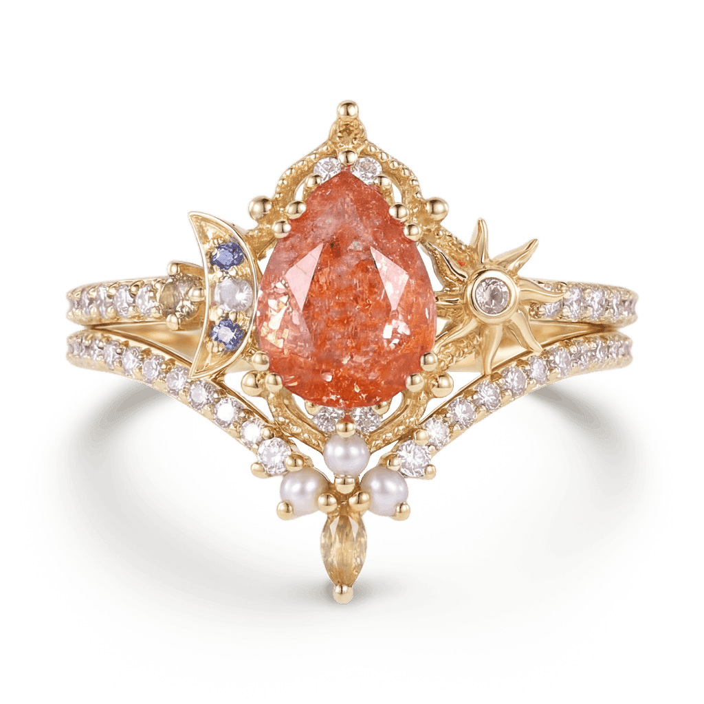 Gnoce Vintage Pear-Cut Sun Moon Engagement Ring Set_1