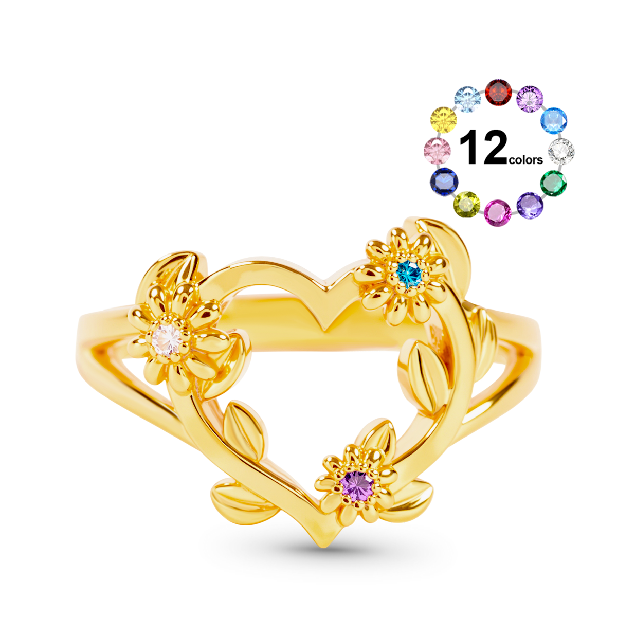 Gnoce Personalized Heart Flower Birthstone Gold Ring Custom Gift for Women_1
