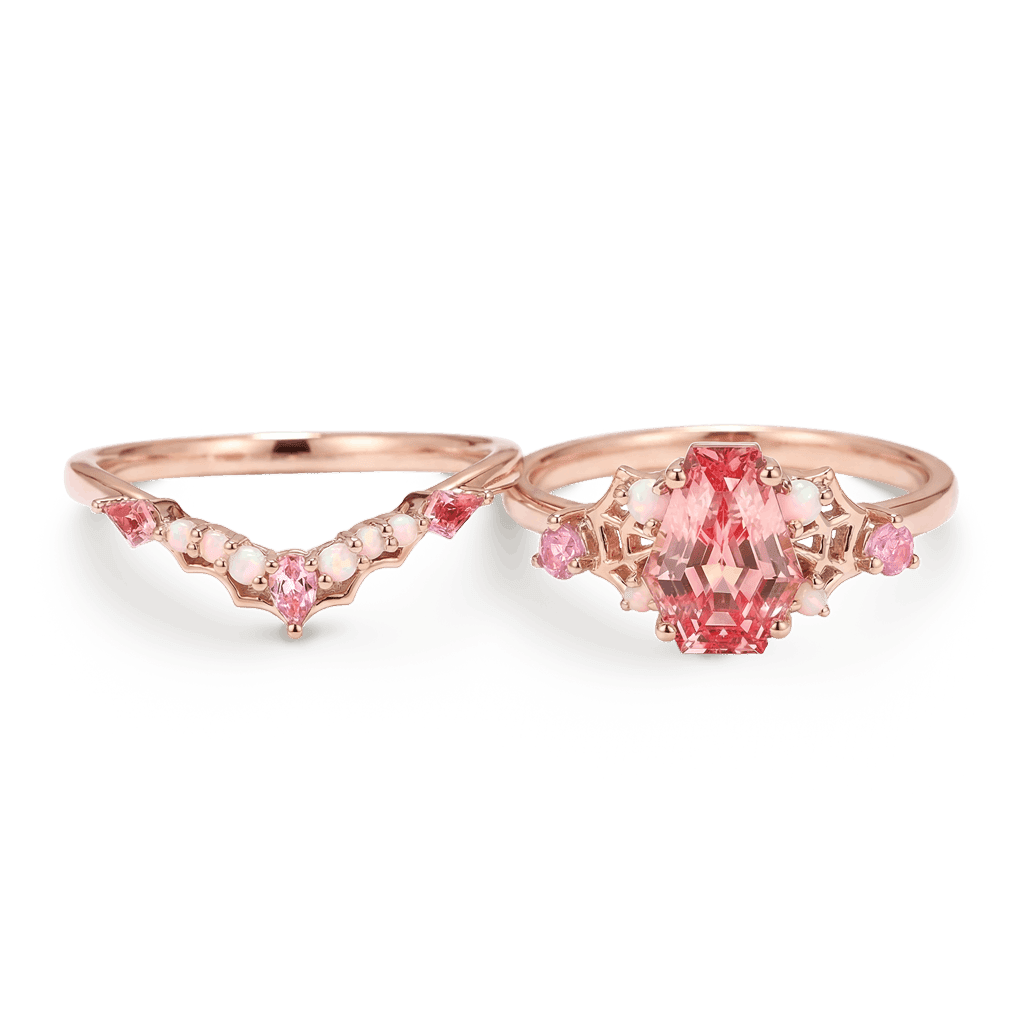 Gnoce Gothic Spider Web Coffin Pink Engagement Ring Set_4
