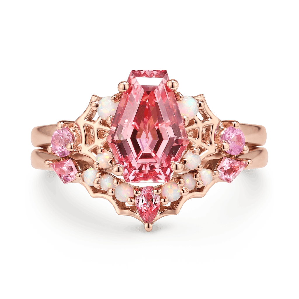 Gnoce Gothic Spider Web Coffin Pink Engagement Ring Set_1