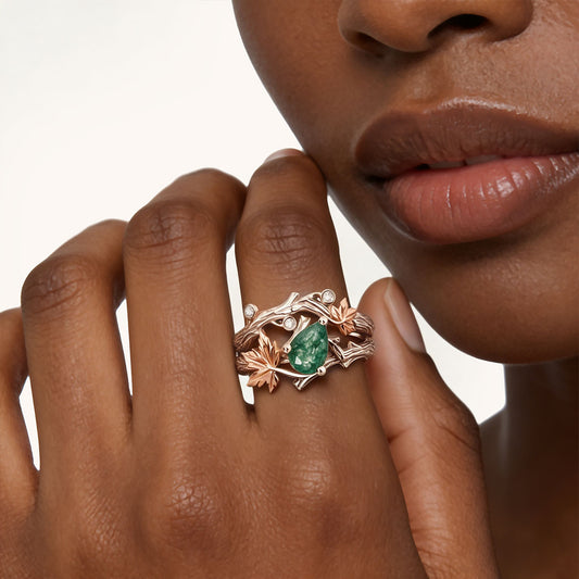 Gonce Nature-Inspired Vine & Leaf Moss Green Pear-Cut Engagement Ring Set_2
