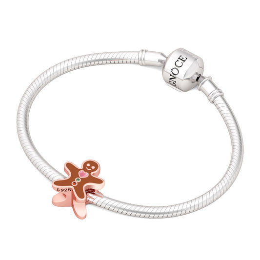 Gnoce "Be Happy" Rose Gold Plated Glossy Brown Surface Gingerbread Man 925 Sterling Silver Bead Charm_3