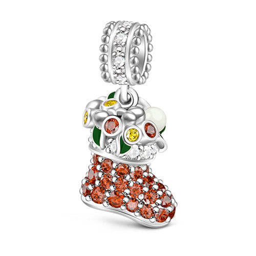Gnoce "Happy Christmas" Shimmering Stones with Green Enamel Leaf and White Pear and Topaz Stones 925 sterling silver Charm Bead_1