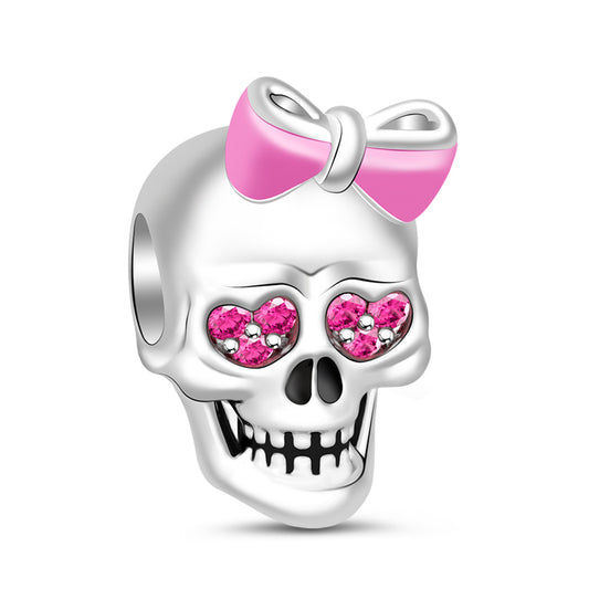 Gnoce "Heart in My Eyes" 925 Sterling Silver Pink Enamel Bowknot & Pink Sapphire CZ Stones Skull Charm_1